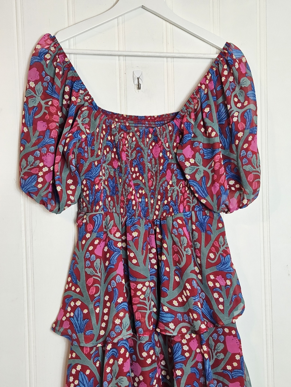 Entro Floral Tiered Maxi Dress L Puff Sleeve Smocked Cottagecore Boho - Picture 8 of 16